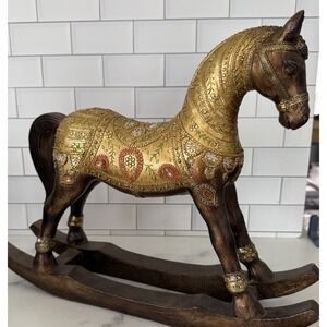 Vintage Handcarved Rocking Horse Wooden Intricate Details Jeweled Sculpture